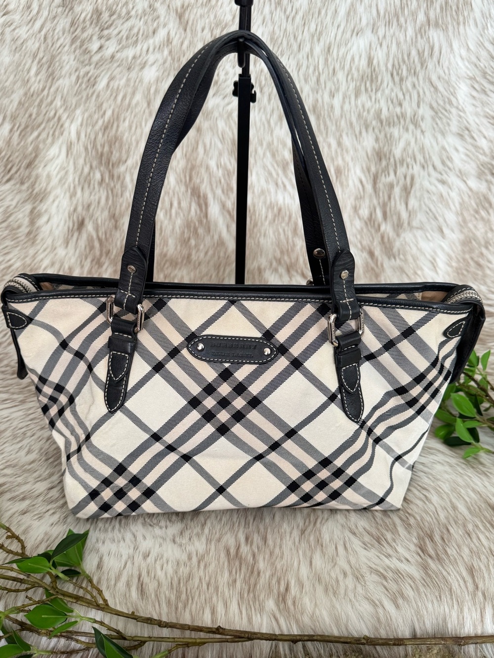 Vintage Burberry London Blue Label Black & Cream Check Shoulder Tote Bag